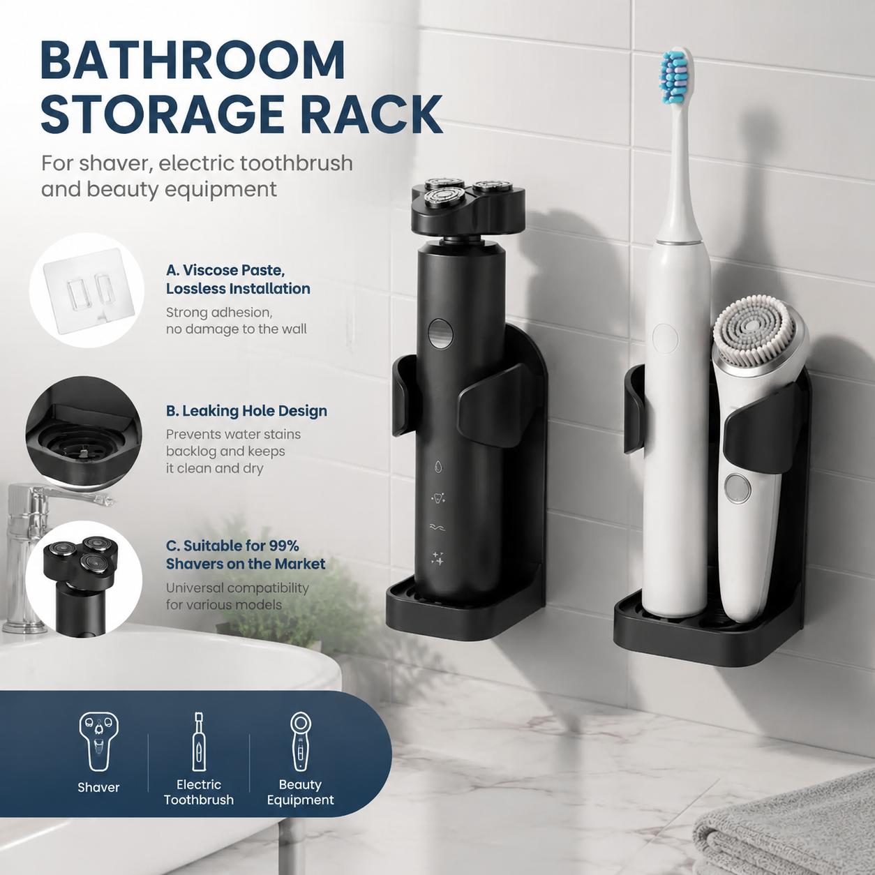 Home Essentials Bathroom Rack - Kendinden Yapışkanlı, Delme Gerektirmeyen, Su Geçirmez