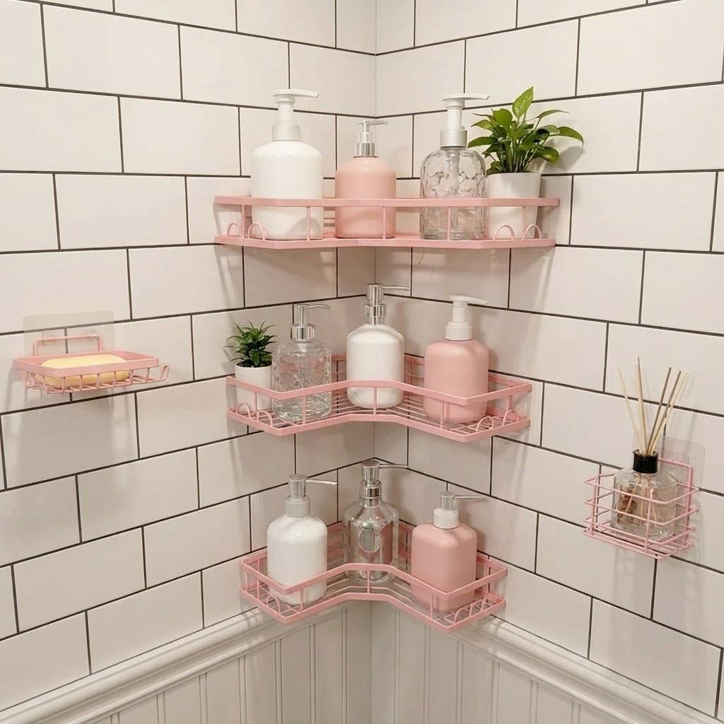Home Essentials Bathroom Rack - 5 Parça Minimalist Pembe Duş Düzenleyici